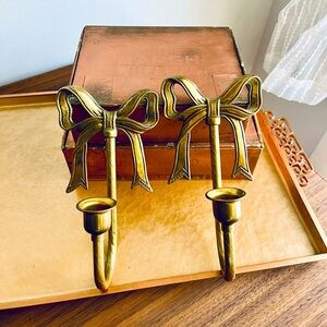 Vintage Brass Bow Metal Hanging Tapered Candle Sconces Hollywood Regency Decor